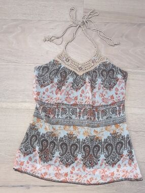 Crochet Halter Paisley Print Tank Top in Brown And Orange